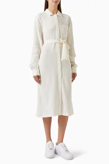 Belted Shirt Midi Dress in Crinkled-cotton
