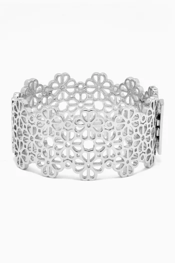 Wide Floral Bangle in Silver-tone Brass