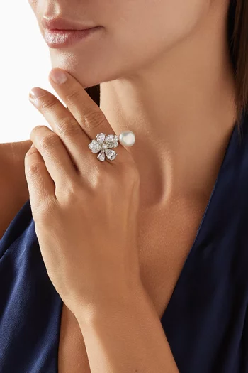 خاتم سنو روز مزين بلؤلؤ ذهب أبيض عيار 18