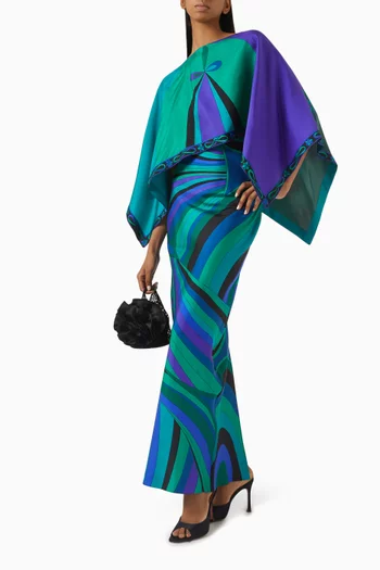 Iride-print Cape Maxi Dress in Silk Twill