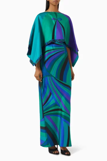 Iride-print Cape Maxi Dress in Silk Twill