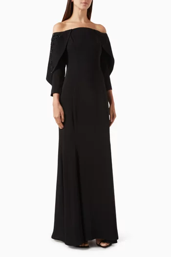 Embellished Off-shoulder Dress in Crepe