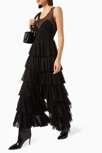 بنطال بقصة ساق واسعة وطبقات متعددة قماش شبكي