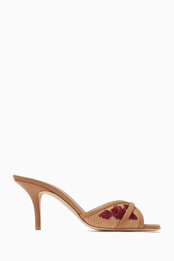 Perla 70 Floral Mule Sandals in Raffia & Leather
