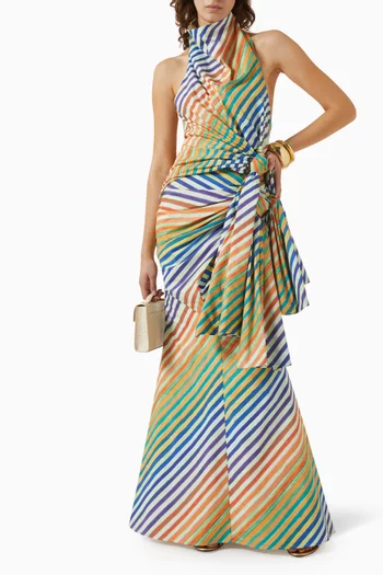Bias Crayon Stripe Sarong Maxi Skirt in Cotton-poplin
