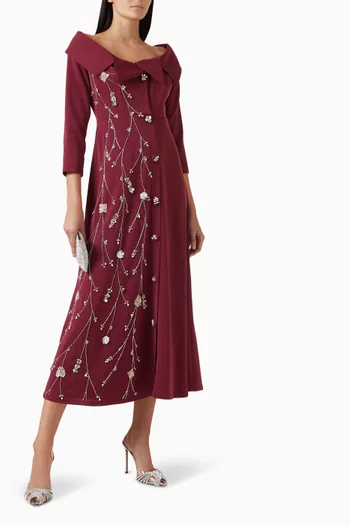 Off-shoulder Embroidered Maxi Dress in Stretch Crepe