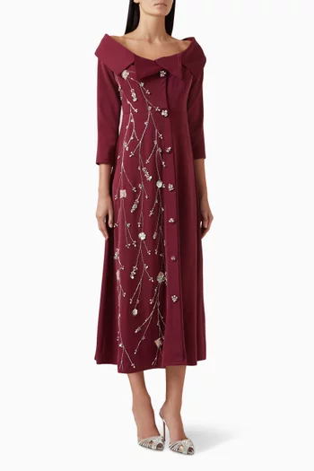 Off-shoulder Embroidered Maxi Dress in Stretch Crepe