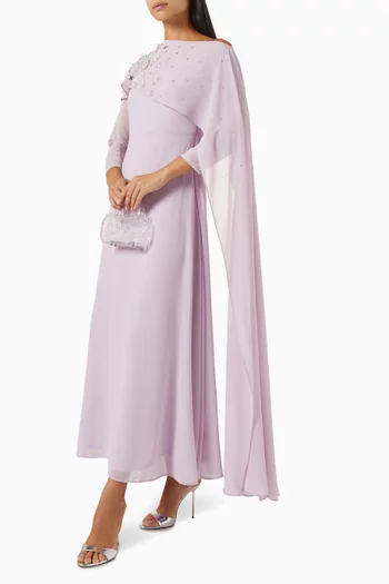 Off-shoulder Beaded Maxi Dress in Georgette Chiffon