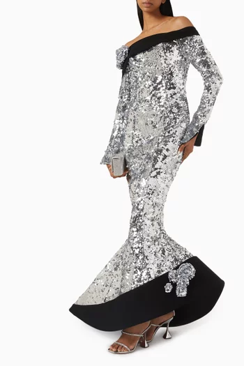 Off-shoulder Sequin-embellished Maxi Dress in Crepe