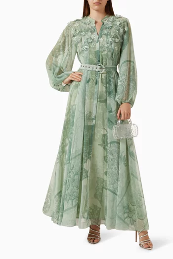 Estelle Floral Appliqué Belted Maxi Dress