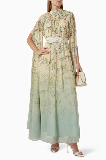 Dewdrop Floral-print Cape-style Maxi Dress