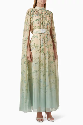 Dewdrop Floral-print Cape-style Maxi Dress