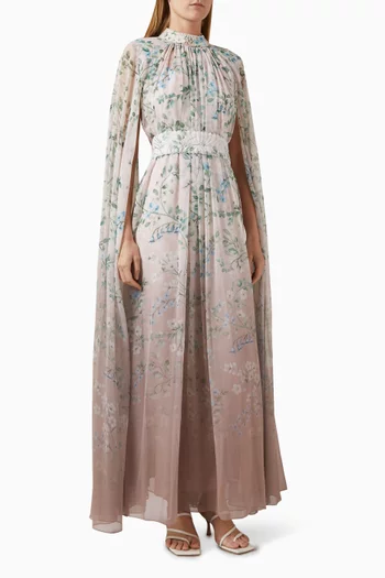 Dewdrop Floral-print Cape-style Maxi Dress