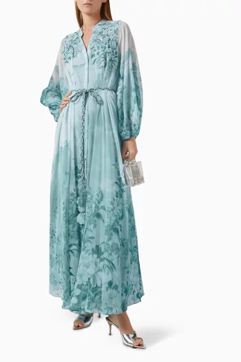 Floral Appliqué Belted Maxi Dress