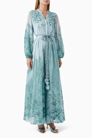Floral Appliqué Belted Maxi Dress