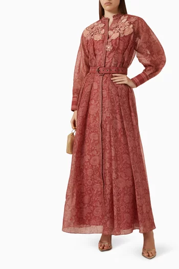 Floral-appliqué Belted Maxi Dress