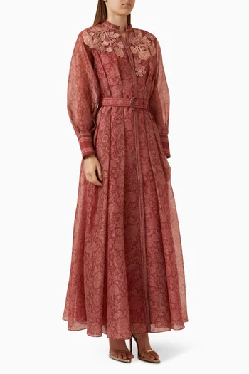 Floral-appliqué Belted Maxi Dress