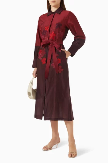 Vine Floral-embroidered Belted Dress