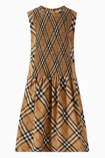 Check-print Smocked Dress in Cotton