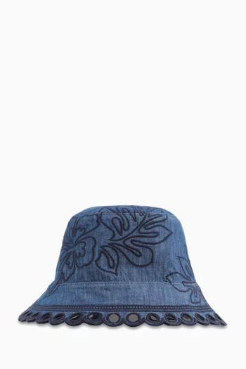 Embroidered Bucket Hat in Denim