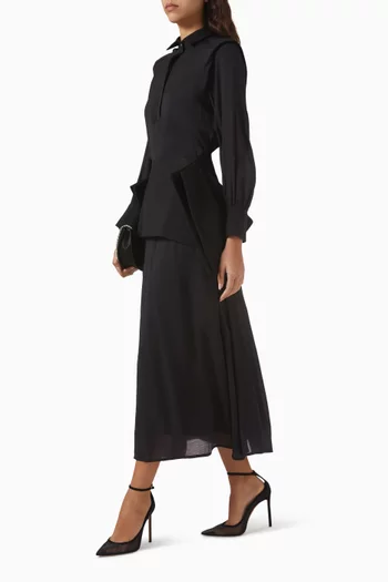 فستان اوفيليا بحزام كريب وشيفون مجعد