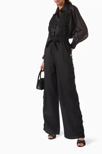 Floral Appliqué Pants in Linen-blend