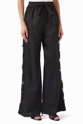 Floral Appliqué Pants in Linen-blend
