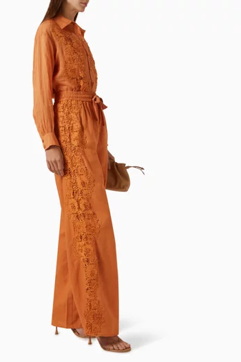 Floral Appliqué Pants in Linen-blend