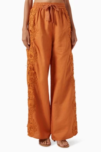Floral Appliqué Pants in Linen-blend