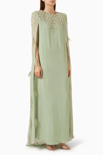 Feather Pearl-embellished Cape Jalabiya