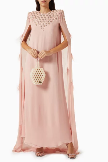 Feather Pearl-embellished Cape Jalabiya