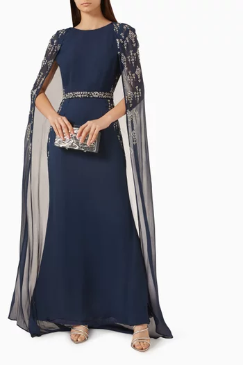 Embellished Cape Dress in Satin