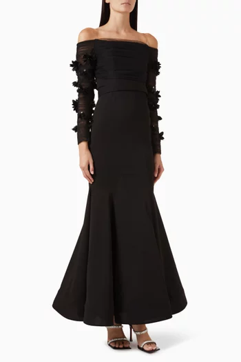 Off-shoulder Floral-appliqué Gown