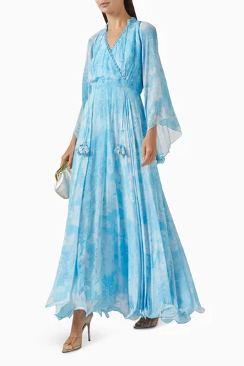 فستان طويل مزين بنقشة كريب