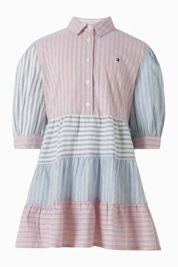 Mixed Stripe Tiered Shirt Dress in Stretch Cotton