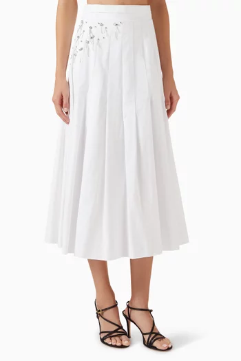 Embellished Pleated Midi Skirt in Cotton