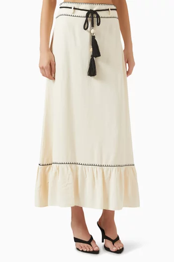 Embroidered Midi Skirt in Viscose-linen