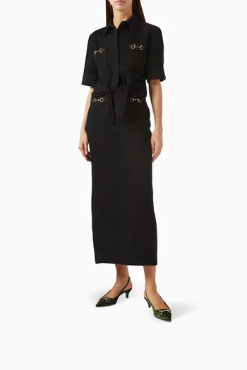 حذاء كلاسيك بسير خلفي وحلية لجام الحصان بكعب 45 مم مخمل بشعار حرفي GG‏ وجلد