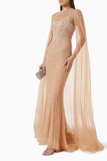 Bead-embellished Cape Dress in Tulle