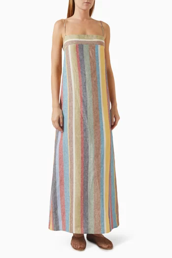 فستان لورا طويل بنقشة مخططة كتان