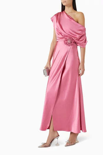 3D Floral Drop-shoulder Maxi Dress in Satin