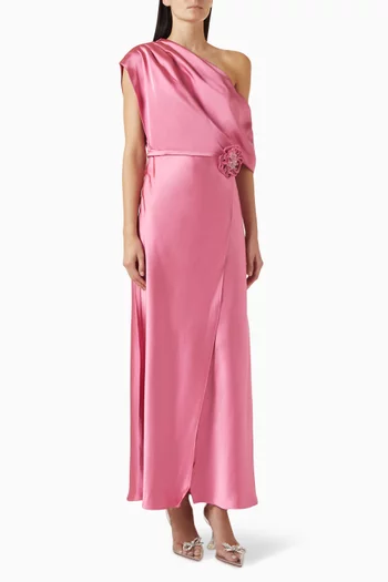 3D Floral Drop-shoulder Maxi Dress in Satin