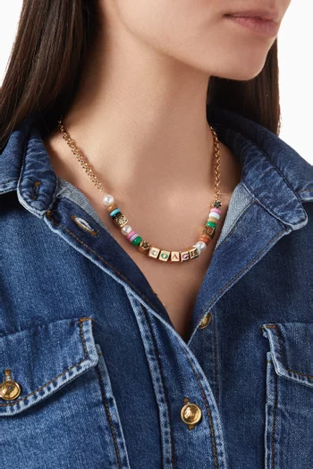 Beaded Logo Cube Collar Necklace in Gold-plated Brass