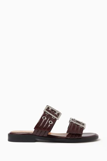 Buckled Slide Sandals in Croc-embossed Leather