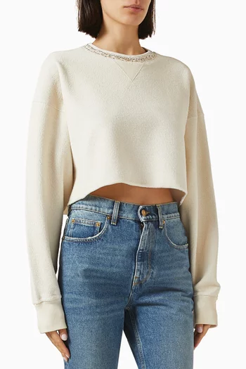 Embellished-neck Cropped Sweatshirt in Cotton-fleece