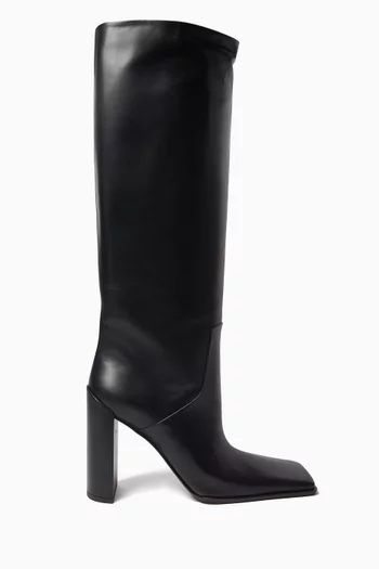 حذاء بوت بطول الركبة ومقدمة مربعة بكعب 90 مم جلد