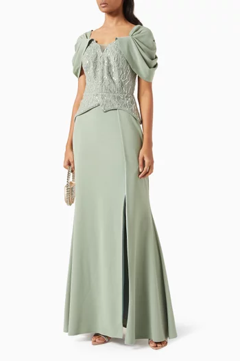Embellished Gown in Knit Crepe & Organza