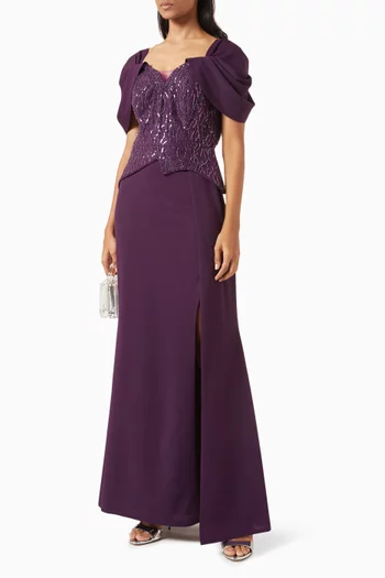 Embellished Gown in Knit Crepe & Organza