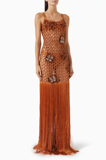 Embroidered Fringe Maxi Dress in Mesh