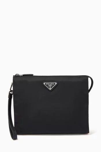 Triangle Logo Pouch in Re-Nylon & Saffiano Leather